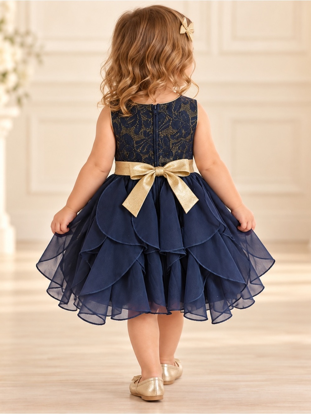 Youngland Girls 2T Navy Gold Metallic Ruffle Holiday Party Dress NWT